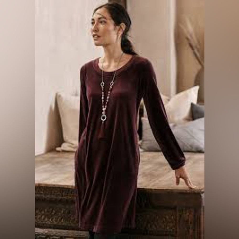 J. Jill Crushed Velvet Long Sleeve Shift Dress Tunic Huckleberry Purple Size XS